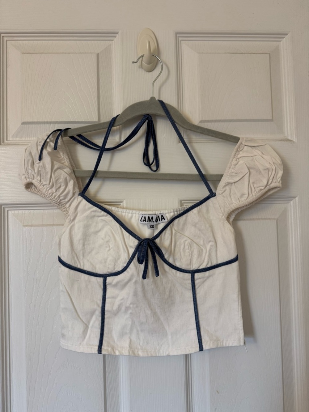 I.AM.GIA White Puff Sleeve Crop Top with Navy Trim